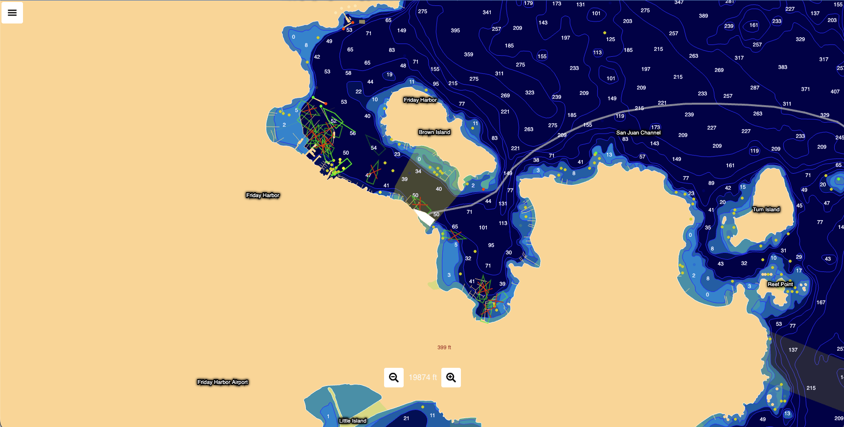 BoatKit chart screen showing depth contours, navigation markers, AIS targets, and route context.